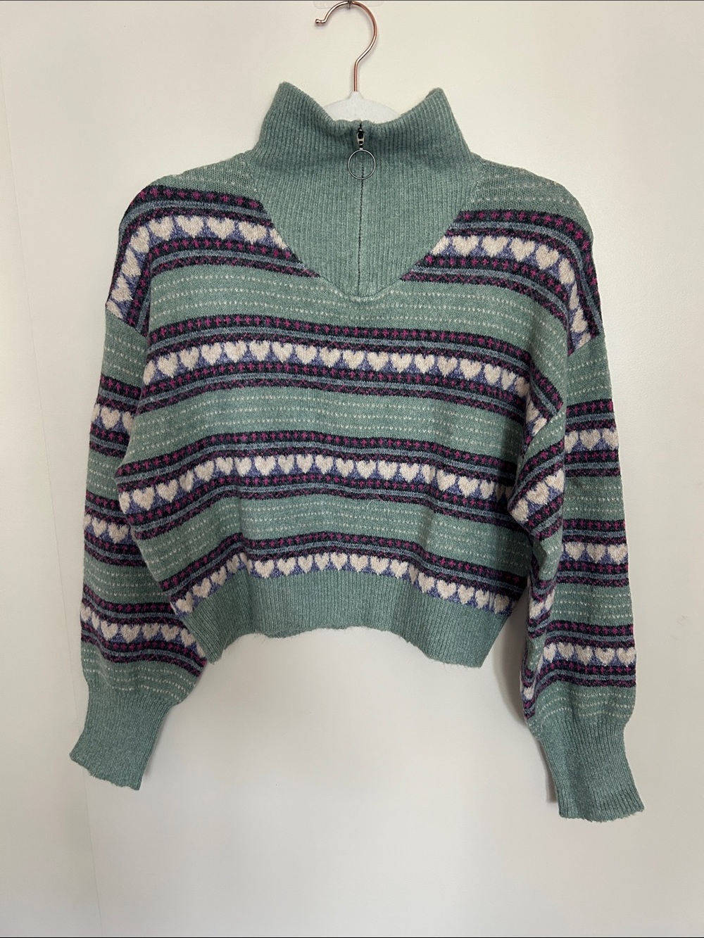 bp Sage Green Cropped Zip Mock Neck Fair Isle Sweater